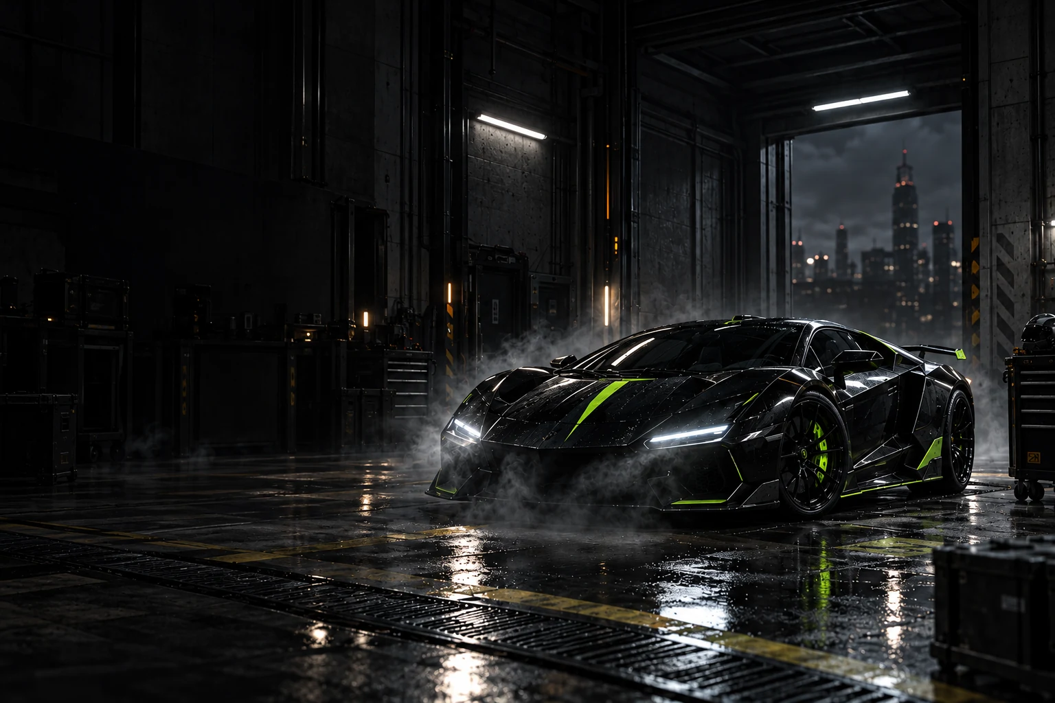 Black supercar with green accents in a garage